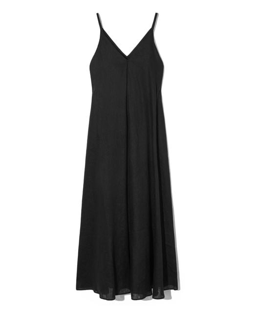 COS Black Pleated V-neck Linen Midi Dress