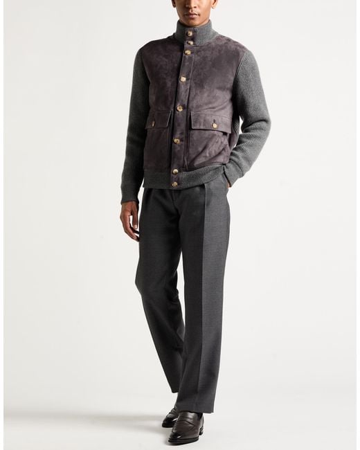 Brunello Cucinelli Gray Jacket Leather, Cashmere for men