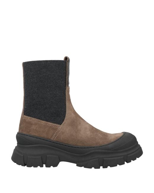 Brunello Cucinelli Brown Taupe Ankle Boots Leather, Textile Fibers