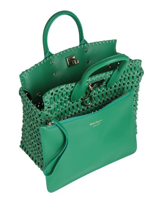 Ferragamo Green Handbag Calfskin, Natural Raffia