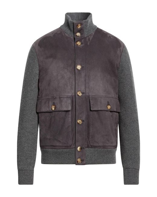 Brunello Cucinelli Gray Jacket Leather, Cashmere for men