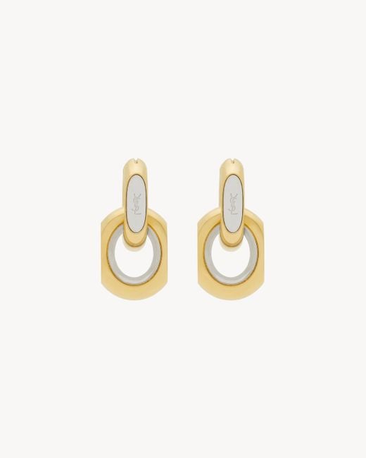 Saint Laurent White Cassandre Boucles D'oreilles Double Maillon En Métal Jaune/or