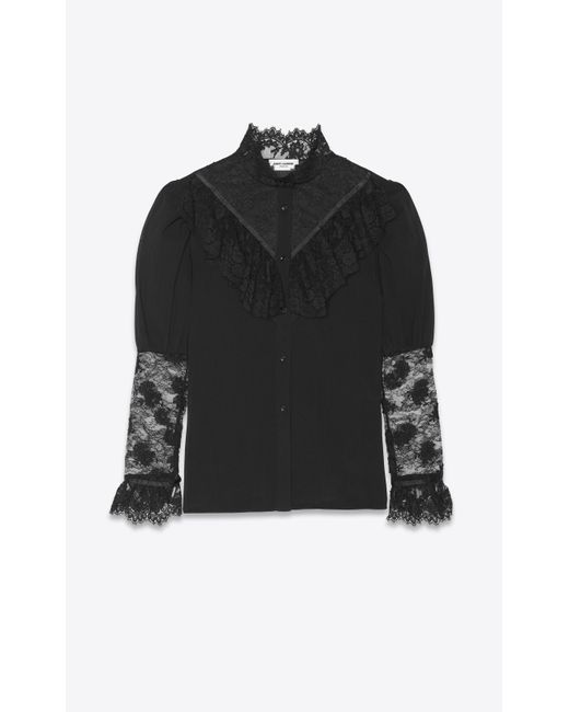 Saint Laurent Black Victorian Frilled Blouse In Washed Cotton Voile for men