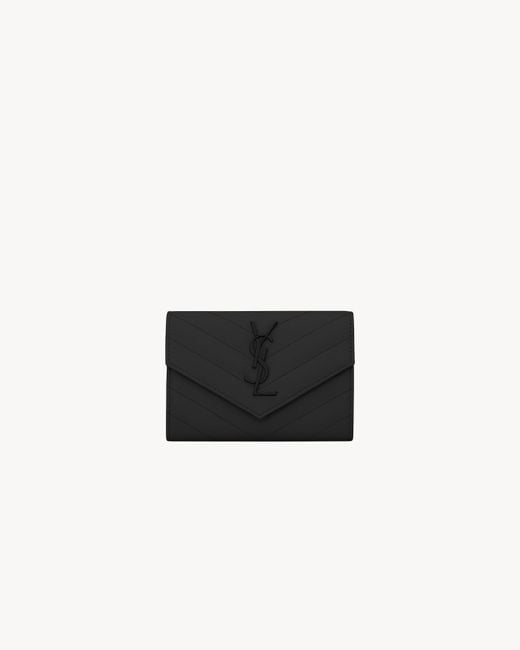 Saint Laurent White Cassandre Matelassé Petit Portefeuille Enveloppe En Cuir Grain De Poudre Noir