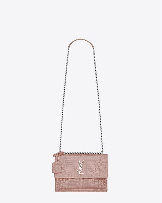 Saint Laurent Medium Sunset Bag In Powder Pink Crocodile Embossed Shiny Leather