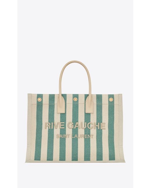 Saint Laurent Rive Gauche Tote Bag In Striped Canvas And Smooth Leather