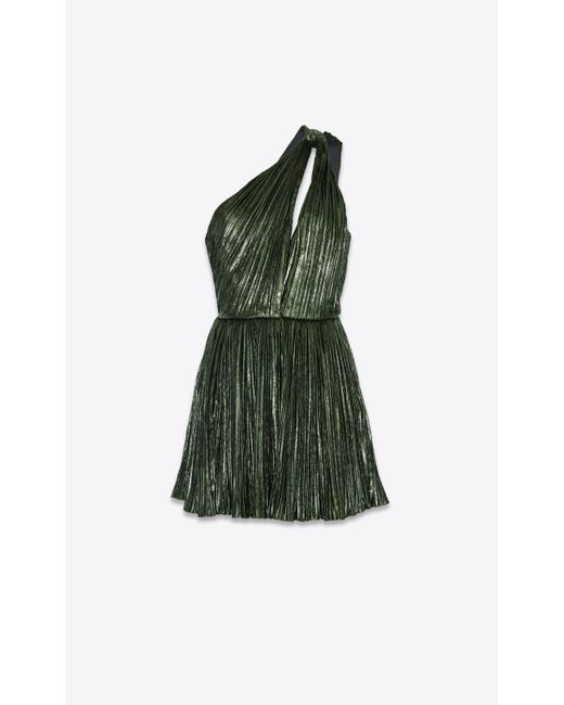 Saint Laurent Green One-shoulder Mini Dress In Pleated Lamé Velvet