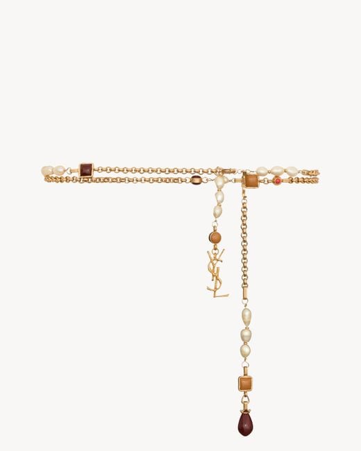 Saint Laurent Natural Cassandre Pearl Chain Belt