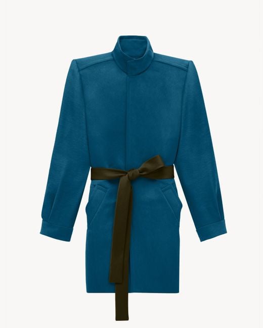 Manteau Ceinturé En Satin De Soie Saint Laurent en coloris Blue