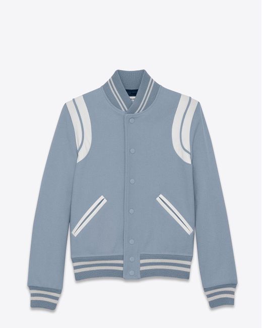 Saint Laurent Teddy Jacket In Royal Blue Virgin Wool And Off-white Leather for men