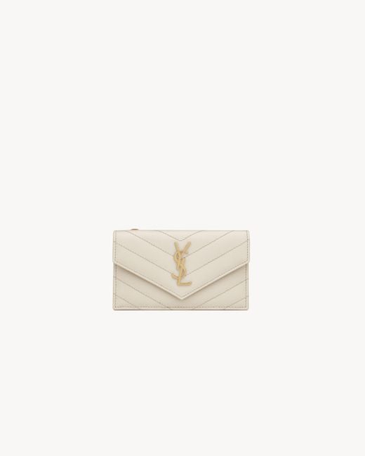 Saint Laurent Saint Laone Sizerent フラップカードケース "モノグラム フラグメント"（グレイン・ド・プードル/エンボスレザー/キルティング） White