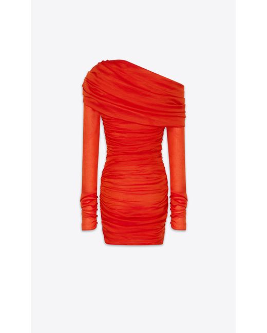 Saint Laurent Red Ruched One-shoulder Dress In Silk Muslin