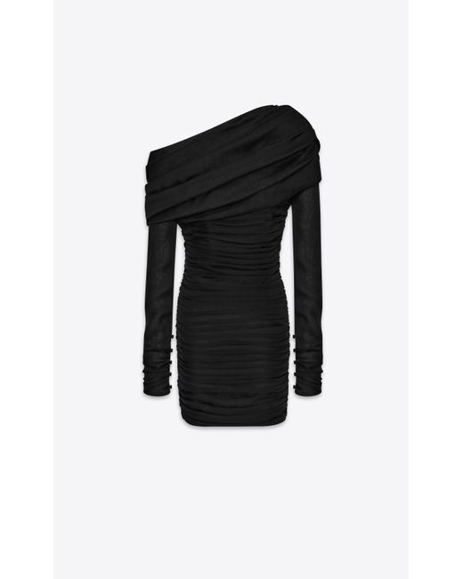 Saint Laurent Black Ruched One-shoulder Dress In Silk Muslin