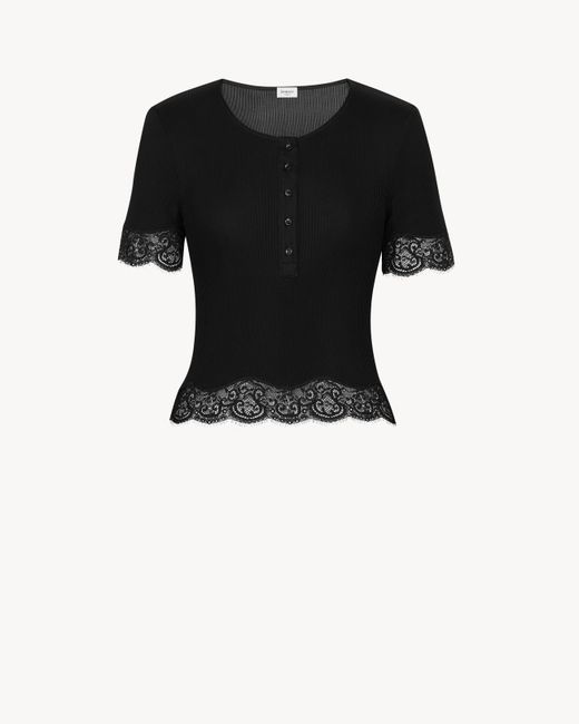 Saint Laurent Black T-Shirt Mit Schnürung Aus Geripptem Seidenjersey