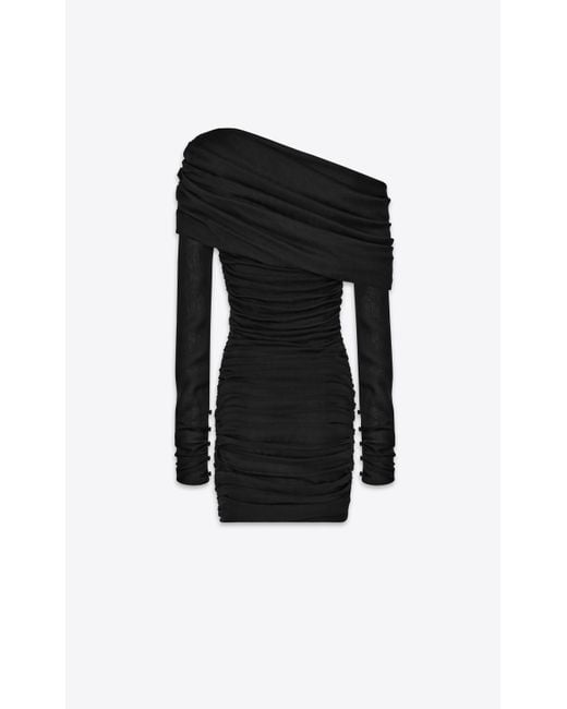 Saint Laurent Black Ruched One-shoulder Dress In Silk Muslin