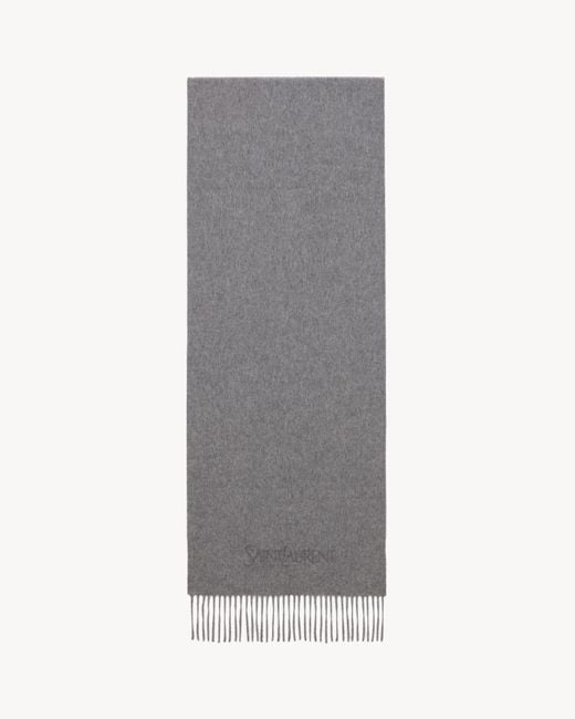 Saint Laurent Gray Logo Fringed Cashmere Scarf for men