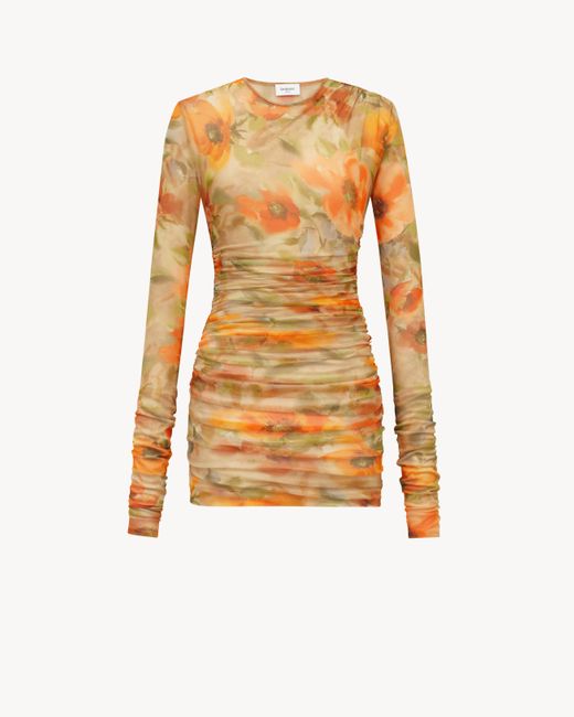 Saint Laurent Orange Ruched Floral-Print Tulle Mini Dress