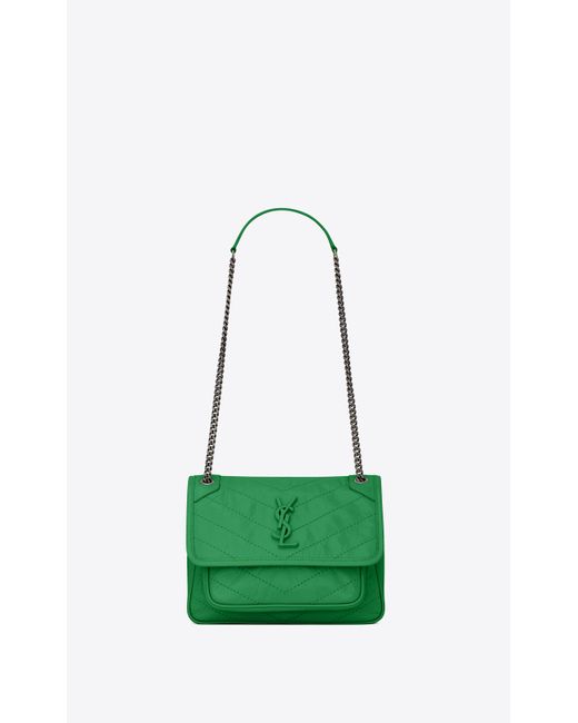 Saint Laurent Green Niki Baby Chain Bag In Crinkled Vintage Leather
