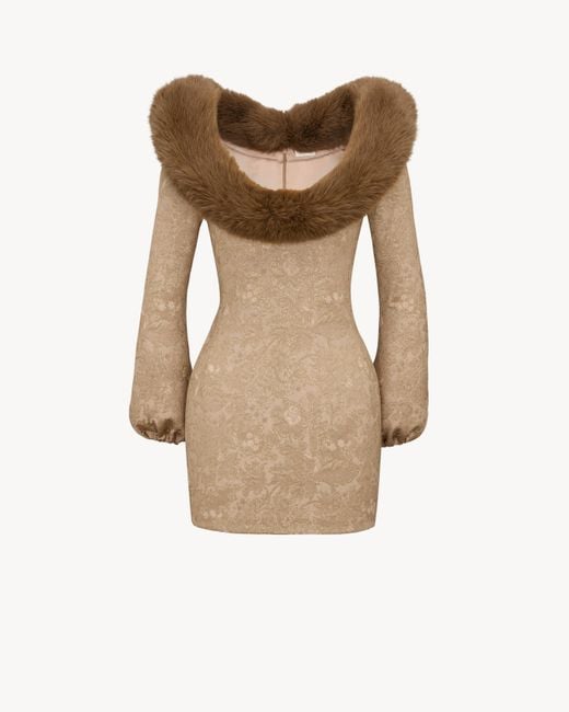 Saint Laurent Natural Animal-Free Fur Collar Mini Dress