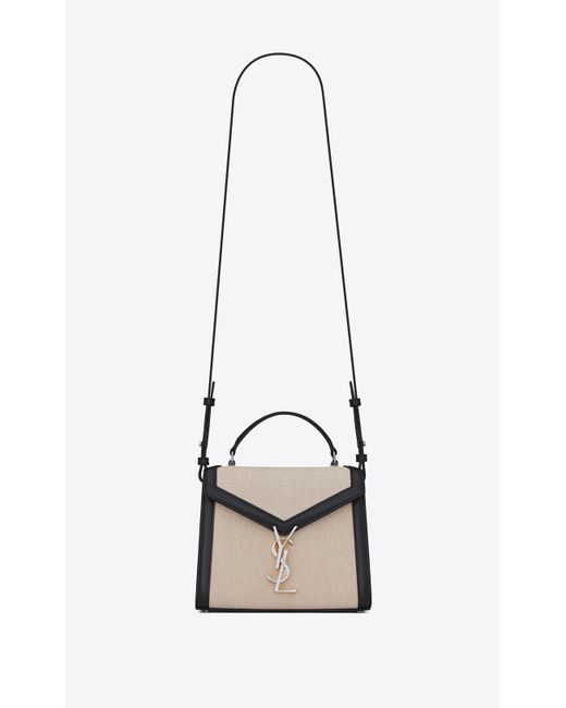 Saint Laurent Natural Cassandra mini top handle bag in canvas and smooth leather