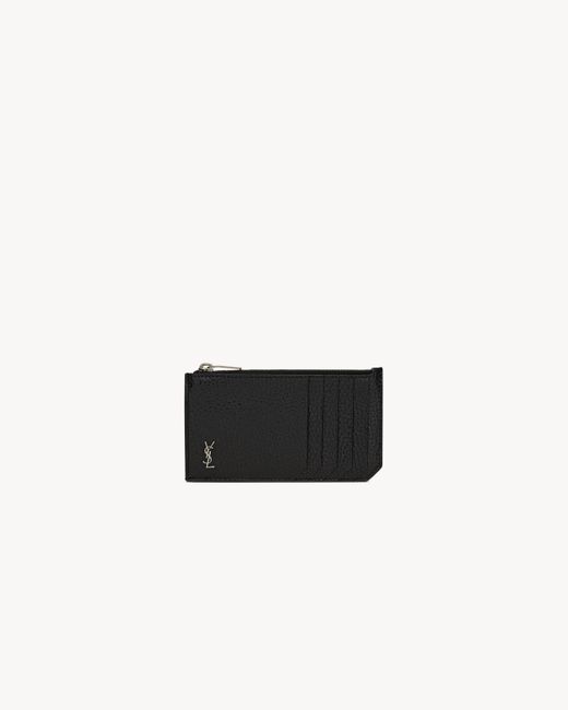 Saint Laurent White Tiny Cassandre Fragments Porte-cartes Zippé En Cuir Grainé Noir for men
