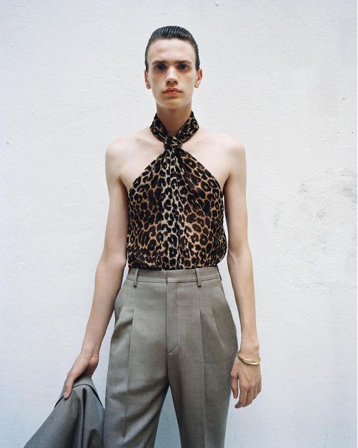 Saint Laurent White Halter Top In Leopard Silk Georgette for men