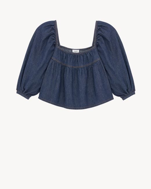 Saint Laurent Blue Ruffled Crop Top
