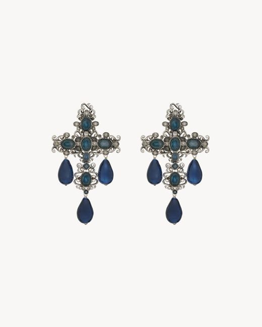 Saint Laurent White Crystal Cross Earrings
