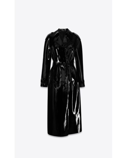 Saint Laurent Black Long Trench Coat In Latex