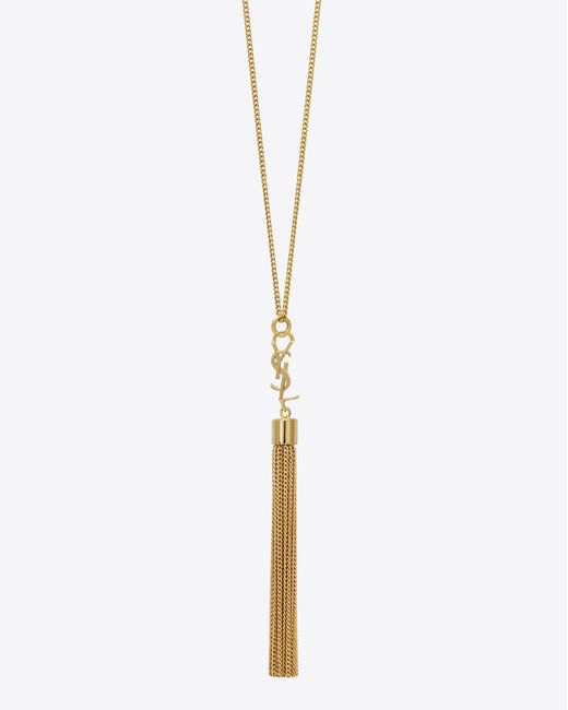 Saint Laurent Metallic Mini Tassel Necklace In Gold Brass