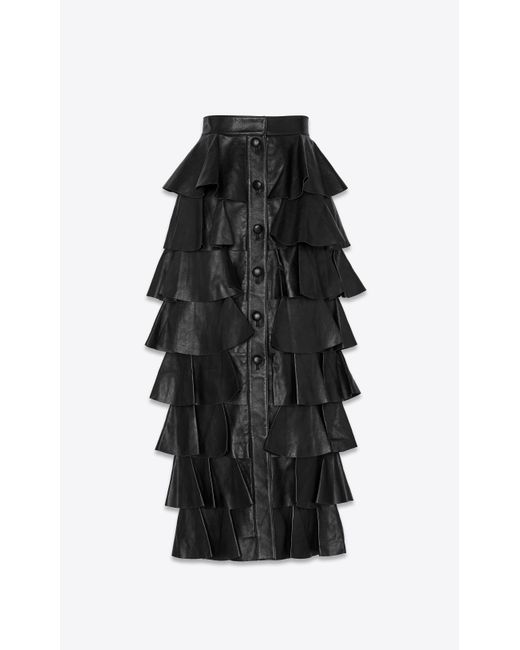 Saint Laurent Black Tiered Ruffled Leather Maxi Skirt