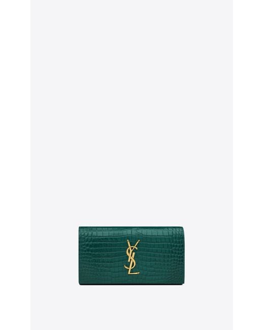 Saint Laurent Green Cassandre Large Flap Wallet In Crocodile-embossed Shiny Leather