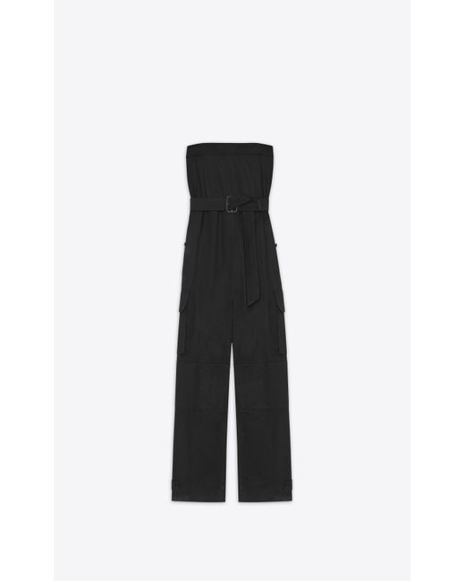 Saint Laurent Black Cassandre Strapless Jumpsuit In Cotton Drill