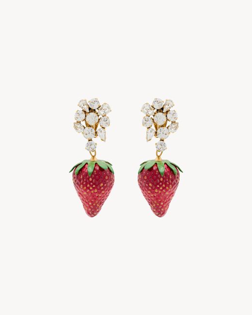 Saint Laurent White Rhinestone Strawberry Earrings