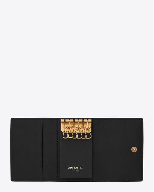 Saint Laurent Black Ysl Line Key Pouch In Smooth Leather