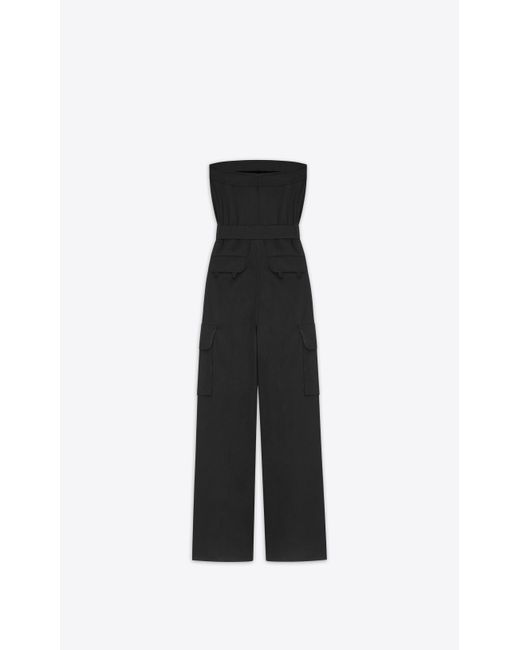 Saint Laurent Black Cassandre Strapless Jumpsuit In Cotton Drill