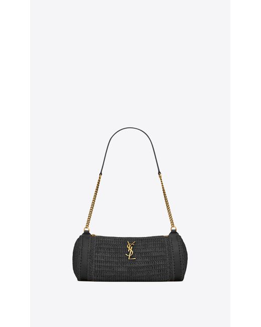 Saint Laurent White Cassandre Small Cylinder Bag In Raffia And Vegetable-tanned Leather