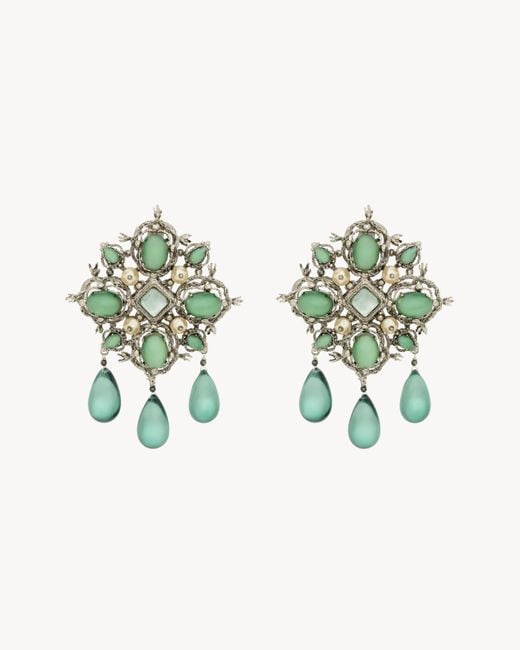 Saint Laurent Green Cabochon Cross Earrings