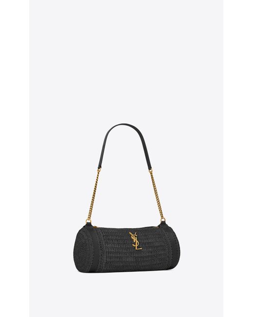 Saint Laurent White Cassandre Small Cylinder Bag In Raffia And Vegetable-tanned Leather