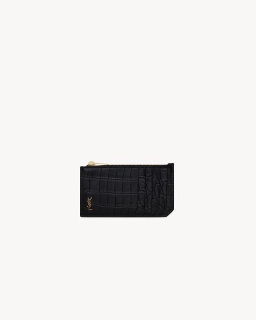 Saint Laurent White Tiny Cassandre Fragments Porte-cartes Zippé En Cuir Mat Embossé Crocodile for men