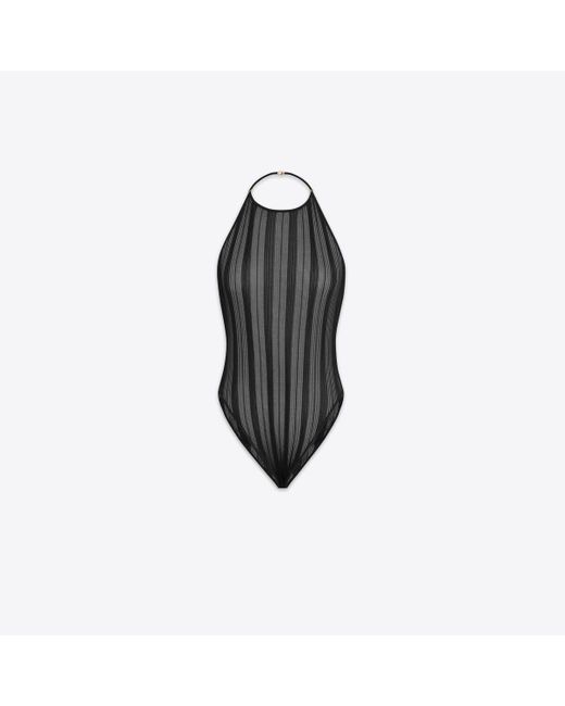 Saint Laurent Black Backless Bodysuit In Striped Knit