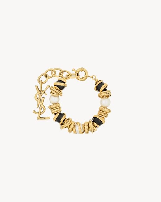 Saint Laurent Metallic Loulou Pearl And Disk Bracelet