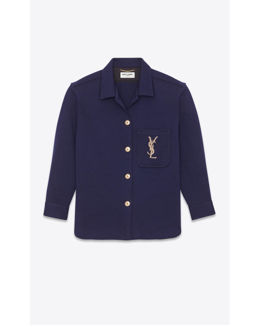 Saint Laurent Blue Mit Monogramm besticktes Overshirt aus Wolljersey-Mélange