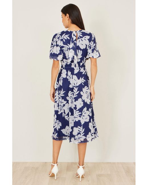 Yumi' Blue Flower Stretch Mesh Midi Dress With Angel Sleeves