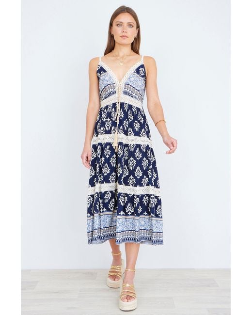 Yumi' Blue Viscose Paisley Print Midi Sun Dress