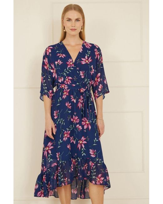 Yumi' Blue Floral Kimono Dipped Hem Dress