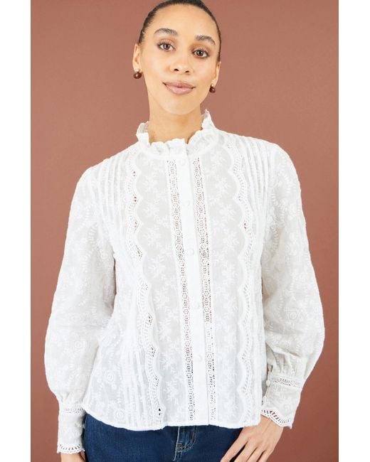 Yumi' White Floral Cotton Shirt With Lace Details
