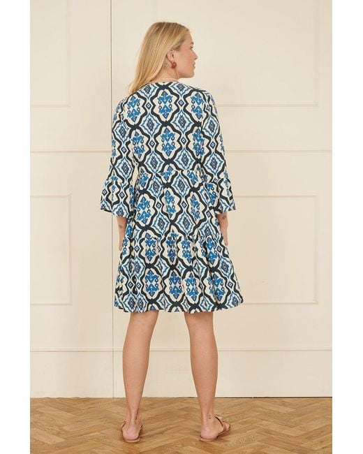 Yumi' Blue Viscose Ikat Print 3/4 Sleeve Tunic Dress