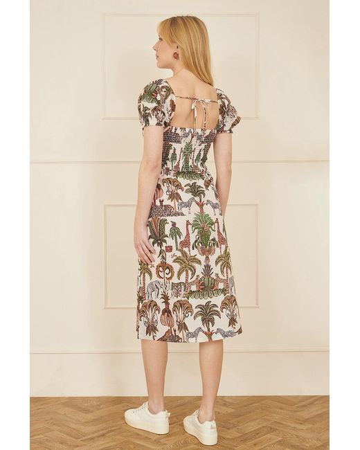 Yumi' Natural Cotton Safari Print Ruched Midi Dress