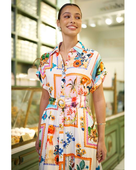 Yumi' Green Tropical Postcard Print Relaxed Midi Shirt Dress